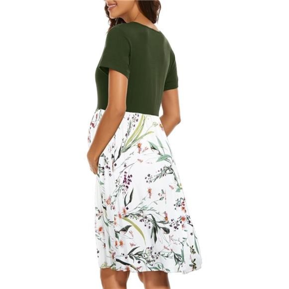 Women's Short Sleeve Maternity Dress Patchwork Pregnancy Clothes with Pockets - Picture 3 of 5